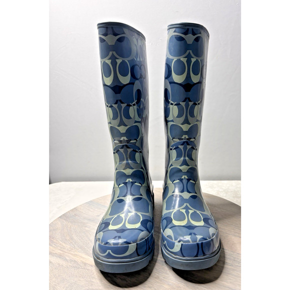 Coach Paisley Womens Rubber Pull On Tall Rain Boots Blue All Over Logo Sz 7m - Picture 2 of 11